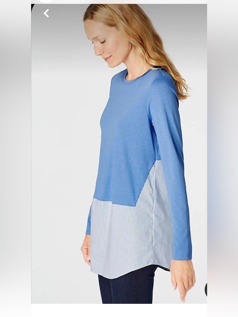 J Jill Blue Stripe Tunic Top Mixed Media Long Sleeve Coastal Nautical Lagenlook